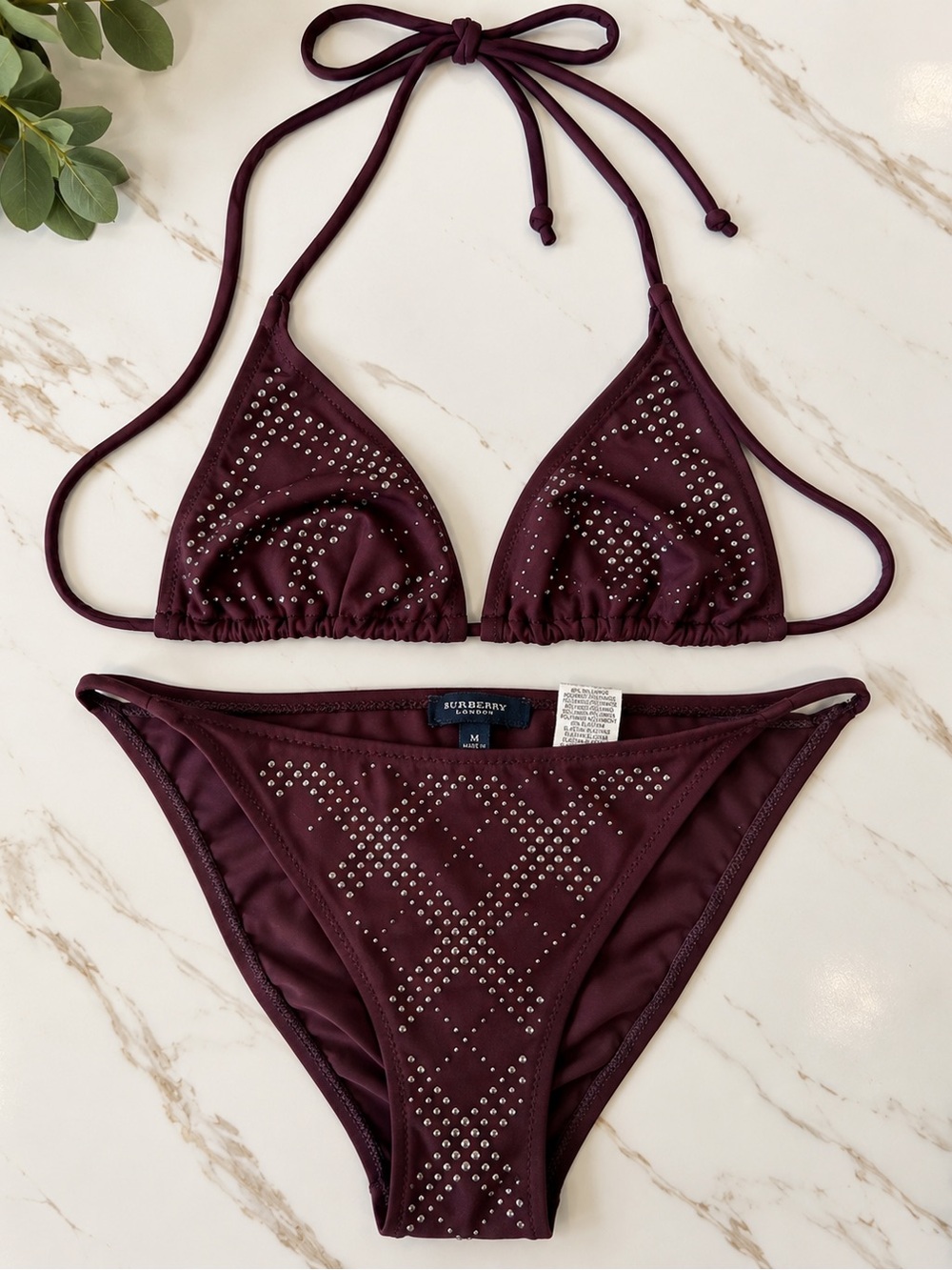 Burberry Burgundy Rhinestone Triangle Bikini Set